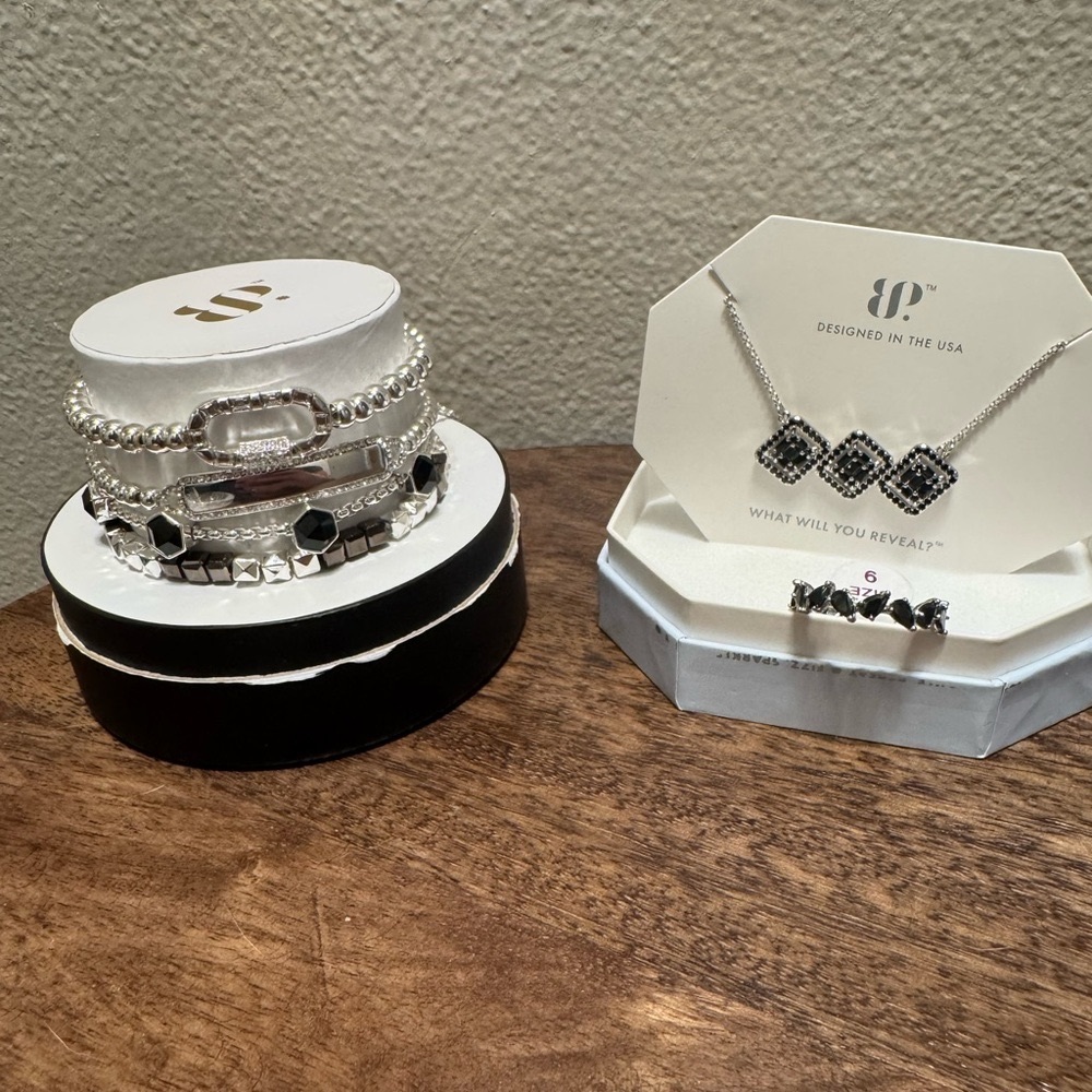 Lab created Black onyx bracelet stack, ring, and necklace.